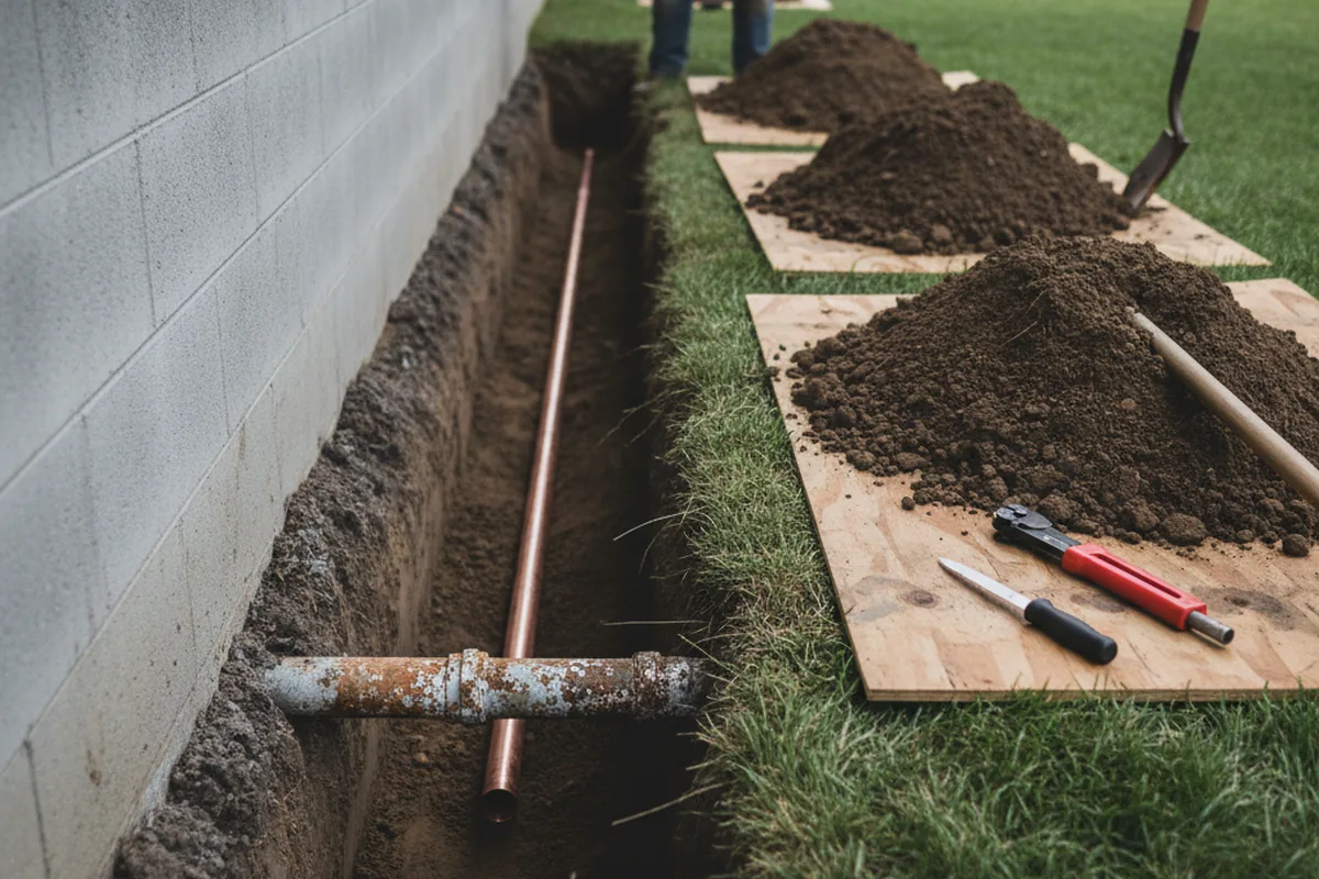 Excavated water line trench during Water Softener Installation in Monson